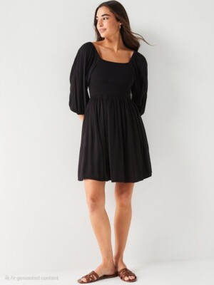 V by Very Smocked Mini Dress UK12 Black Boho Peasant Square Neck Long Sleeve