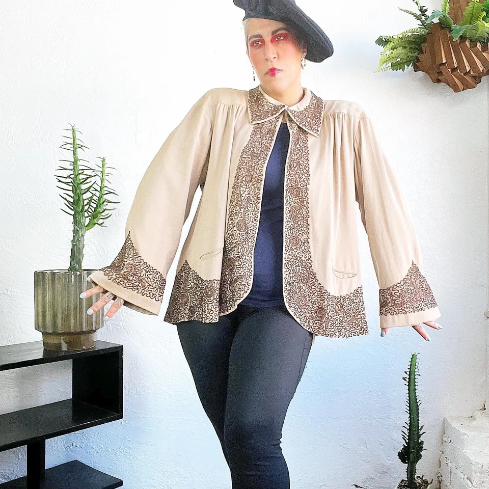 MANO Vidrio CUENTAS Lana GABARDINA 1940’s 40s Vintage Tostado Cobre Columpio Chaqueta L Xl Foto 3 de 4