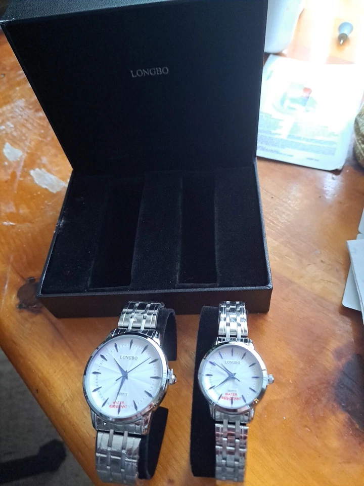 Reloj Longbo His Her esfera blanca redondo tono plata acero inoxidable envío gratuito NUEVO  Foto 4 de 4