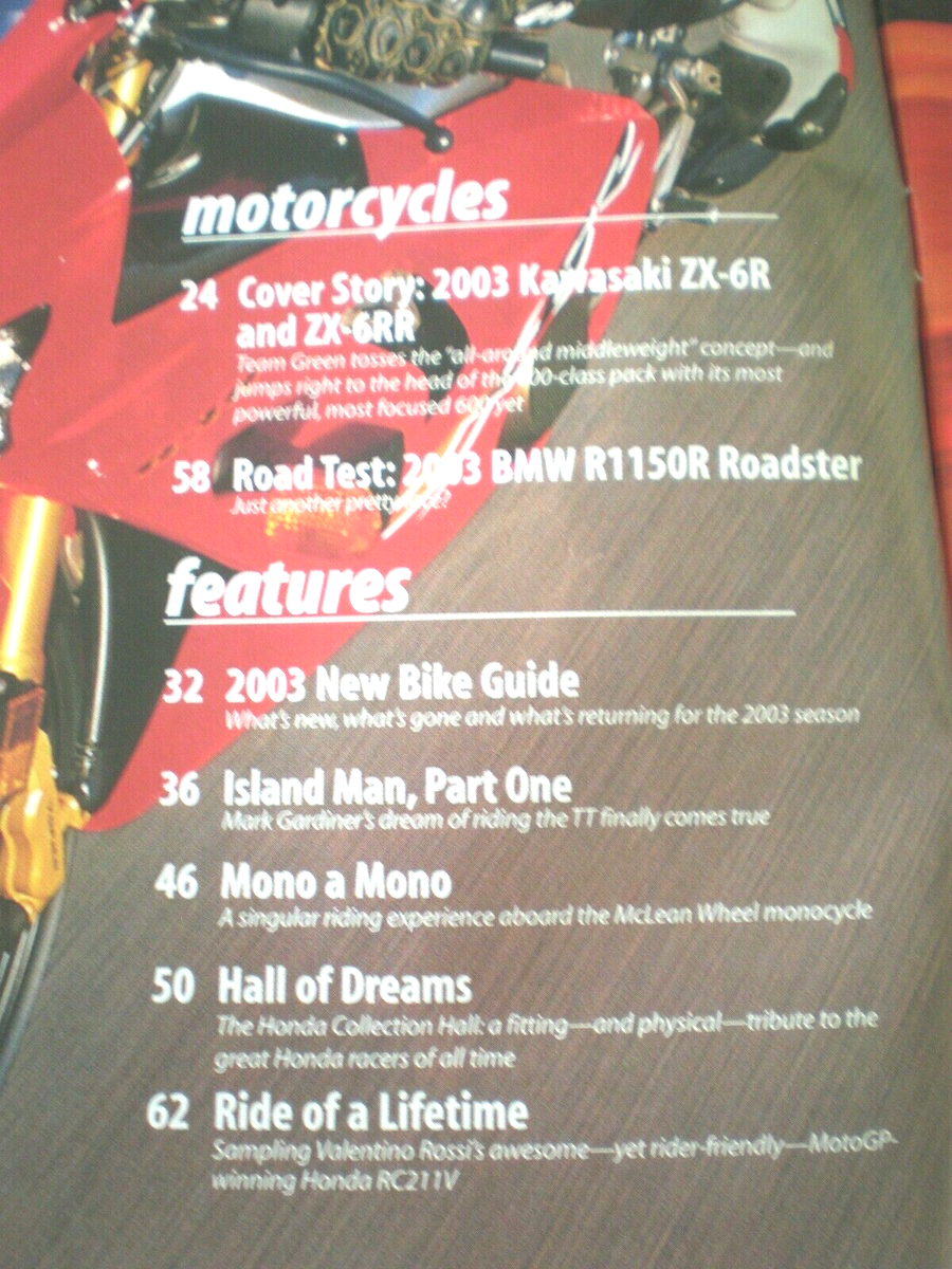 Motorcyclist Magazine February 2003- Kawasaki ZX-6R, BMW R1150R