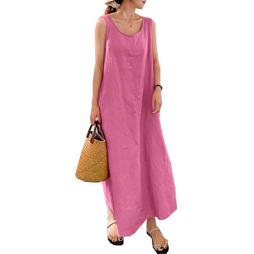 Womens Sleeveless Dress Loose Cotton Linen Ladies Casual Crew Neck Maxi Sundress - Picture 10 of 19