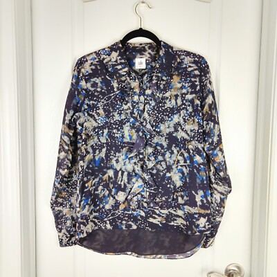 Cabi Womens Blouse Size S Brown Ruffle Neck Chiffon Button-Up High Low Hem