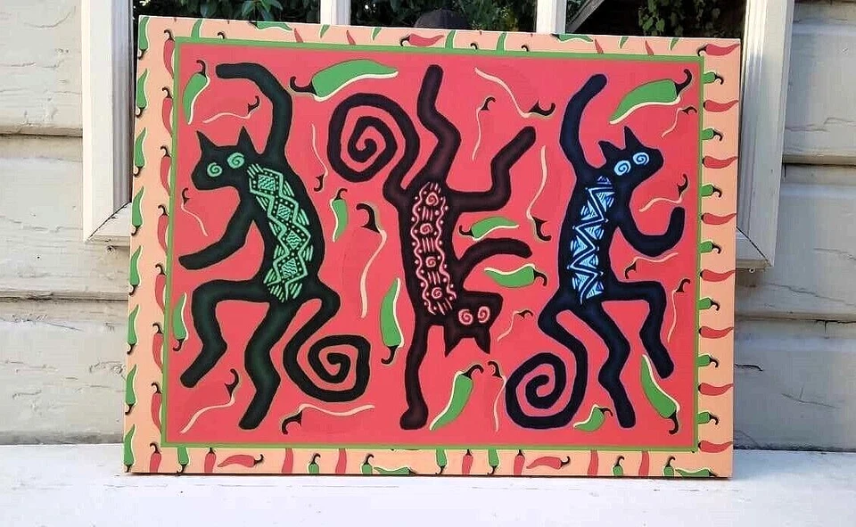 DIVERTIDA Impresión Artística Original Envoltura Lienzo Giclee Bailando Pimientos Gatos Foto 4 de 4