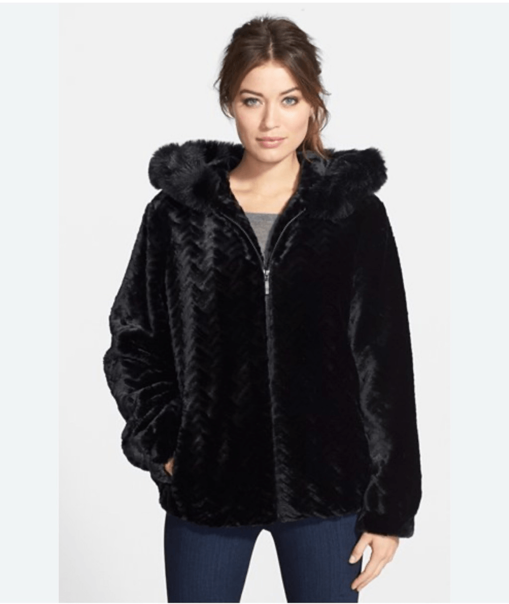 Gallery Black Faux Fur Hooded Zip Front Jacket Sz M | eBay