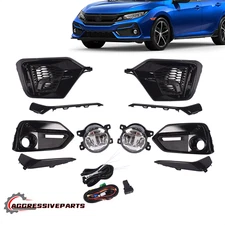 For 2017-21 Honda Civic Hatchback Front&Rear Bumper Fog Light Cover+LED Foglight