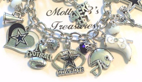 Dallas Cowboys Inspired Handmade Chain Link Football Charm Bracelet, 7" Adj - Picture 3 of 12