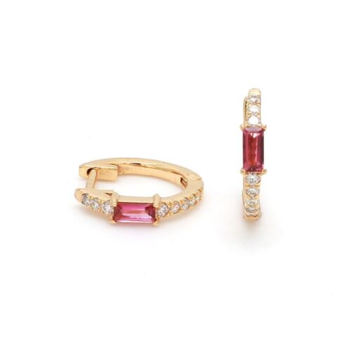 Boucles d'oreilles créoles rubis et diamants naturels pierre précieuse Huggie or jaune 10 carats - Photo 1/3