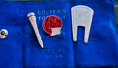 Vtg Sterling Silver Golfers Tool Kit Putting Marker Divot, Silver Tee Snap Pouch