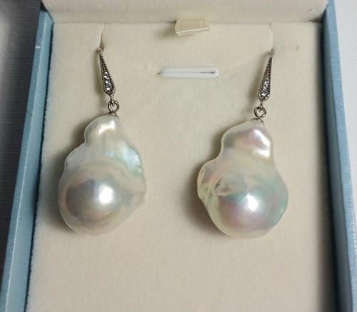 Freshwater Fireball Baroque Pearl Dangle Earrings Sterling Silver White Stones