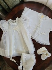 Vintage Christening Dress Baptism Gown Jacket Bonnet Booties White Nylon Lace