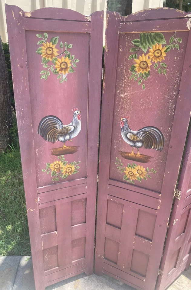 61” Vintage 4 Panels Hand Painted Room Divider Color Lavender/purple - Image 2 of 4