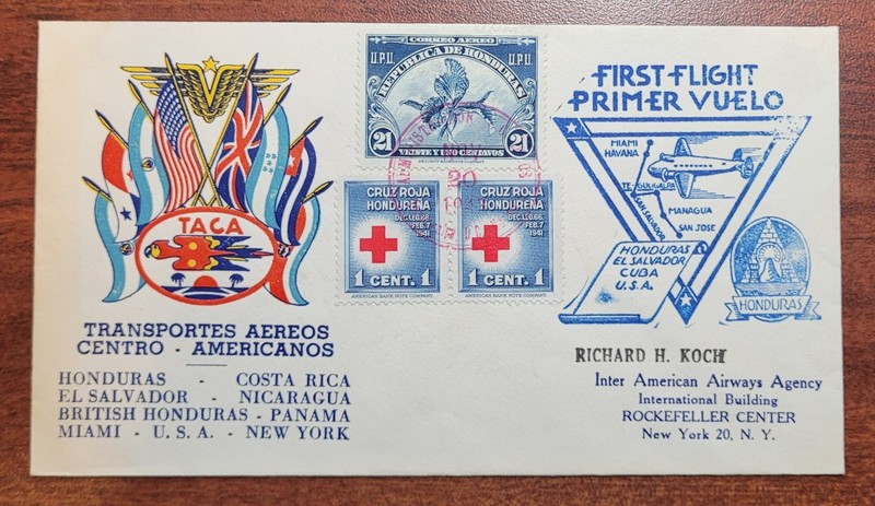 1st Flight Cover TACA w/ Honduras Red Cross Stamps RICHARD H KOCH USA 11/20/43