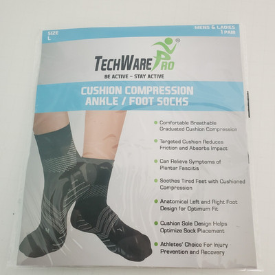 TechWare Pro Compression Ankle/Foot Socks Black/Gray Sz L NIP