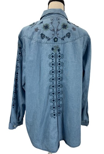 J. Jill Denim Chambray Shirt XL Button Up Top Heavy Embroidered Long Sleeve - Picture 2 of 7