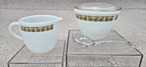 Pyrex Corning Tiburon Gold Creamer #722 & Sugar Bowl w/Lid & Spoon