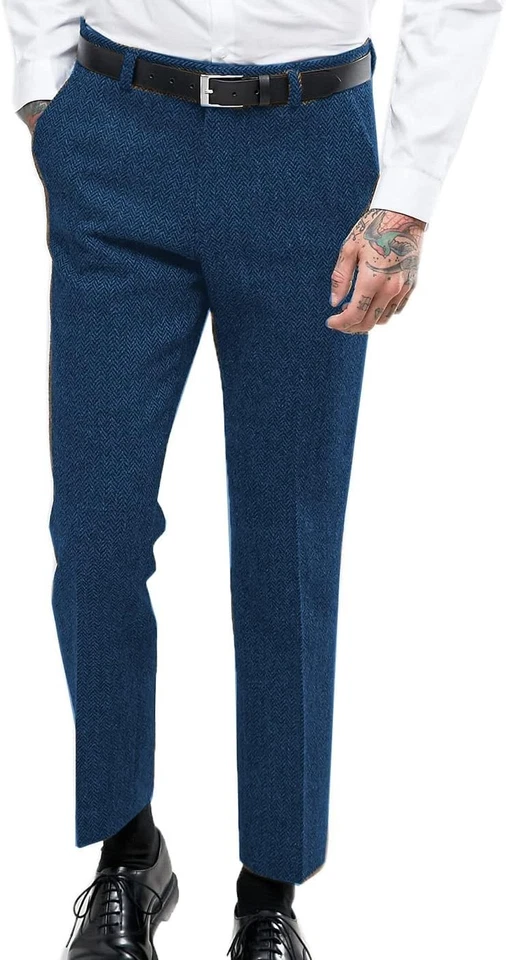 Calça social masculina de lã grossa espinha de peixe tweed retrô frente plana casual - Imagem 4 de 4