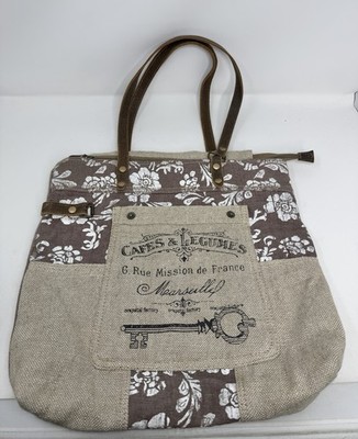 Myra Bag Upcycled Canvas Tote Bag Brown Floral Burlap and Leather 17x16
