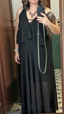 Women’s Black Solid Chiffon Layered Maxi Dress V-Neck Sleeveless Straps Size 8