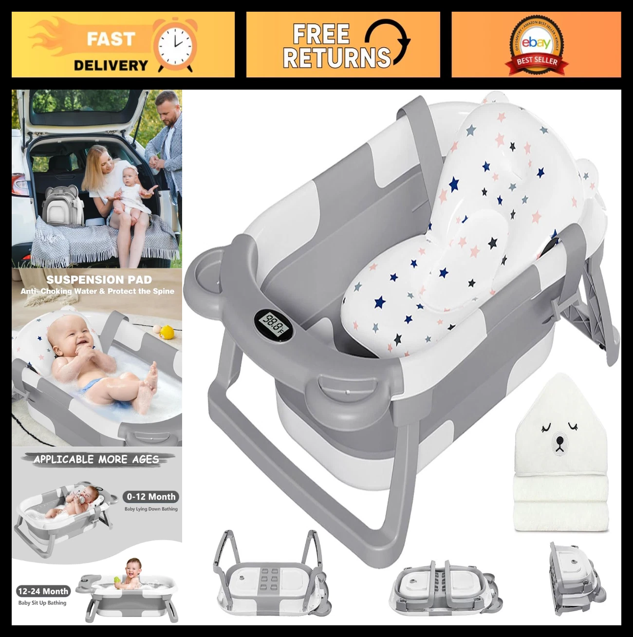 Collapsible Baby Bathtub for Newborns with Thermometer, Hooded Towel & Cushion -