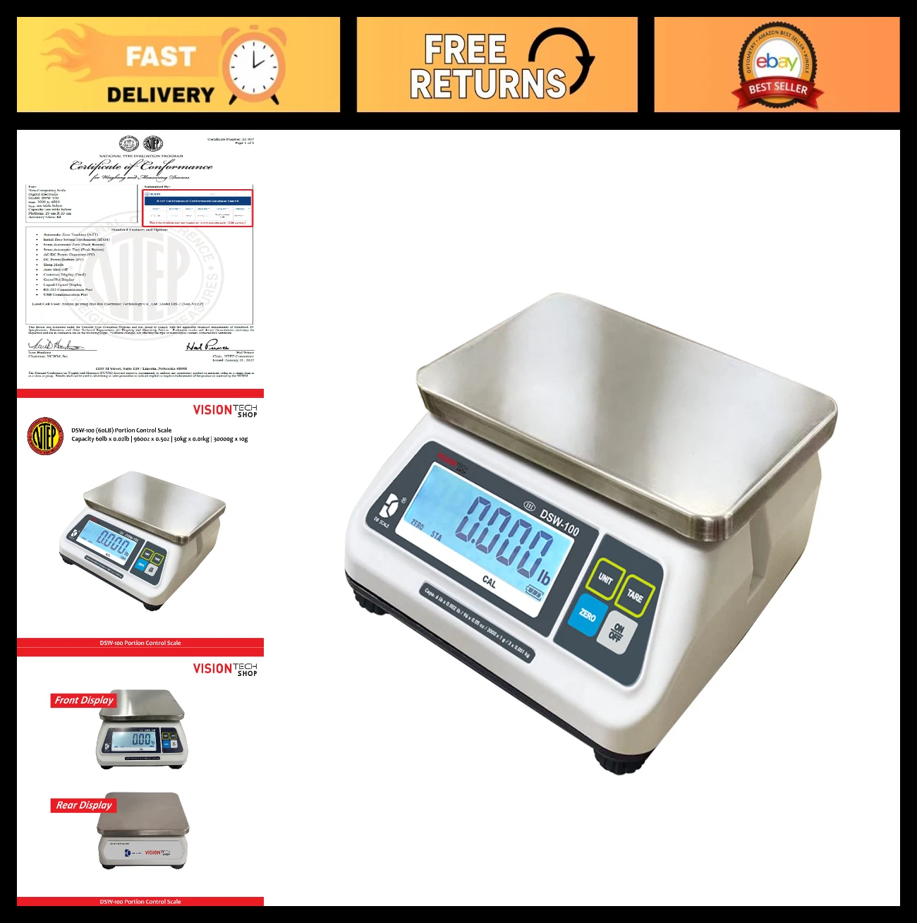 Digital Food Scale 60lb Capacity, Stainless Steel, LCD Display, Accurate 0.02lb