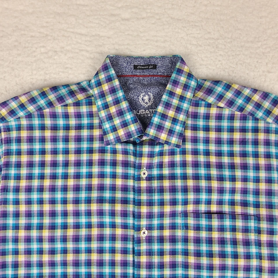 Bugatchi Uomo Shirt Mens Large Blue Yellow Classic Fit Button Up Short Sleeve - Image 2 of 4