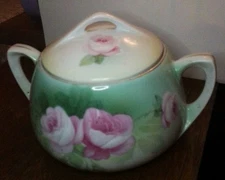 RS Germany Hand painted Sugar Bowl w/ Lid Pink Roses & Green Leaves Two Handles
