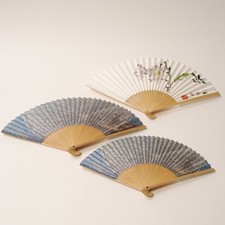  NEAR MINT Vintage Japanese Folding Fan Set of 3 Lily  Fireworks From Japan