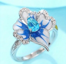 Blue Floral Enamel Ring CZ Accent Band with Intricate Floral Design Sz 9