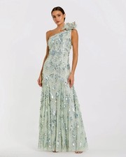 MAC DUGGAL 94151 Green Embellished Trumpet Gown Size 10 One Shoulder Flower NWT