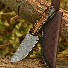 Damascus Steel Handmade Tactical Fixed Blade Hunting Knife with Pine Cone Handle