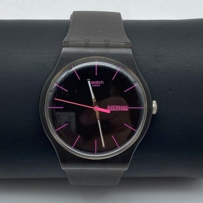 Swatch New Gent Swiss Quartz Watch Black Pink Day Date 41mm Translucent Case