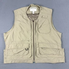 Orvis Vest Mens 2XL Fishing Hunting Vented Full Zip Khaki Pockets Vintage Mesh