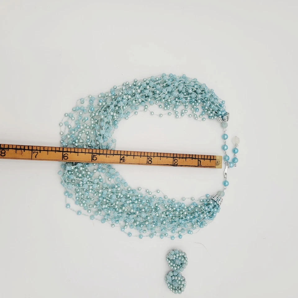 Lote de collar y pendientes de encaje de perlas sintéticas azules de ganchillo de múltiples hilos Japón Foto 3 de 4