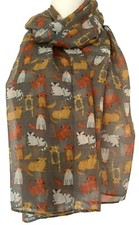 Cat Scarf Ladies Grey Mustard Yellow Orange Cats Print Wrap Large Kitty Shawl 