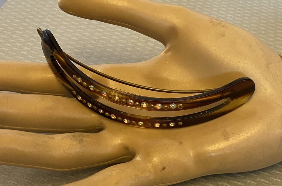 50-е винтажные сделанные во Франции заколка черепаховый пластик AB стразы застежка сзади 4 дюйма - Изображение 3 из 4