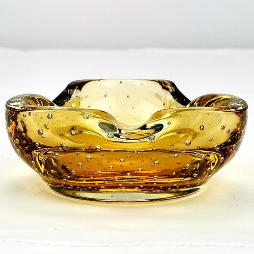Vintage Murano Ashtray Controlled Bubble Amber Yellow Hand Blown Art Glass - Imagen 2 de 15