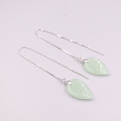 Solid 925 Sterling Silver Dangle Earrings With Aventurine Leaf Charm 115mm L