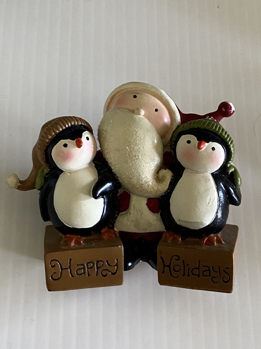 Blossom Bucket Christmas Figurine Santa/Penguins “ Happy Holidays