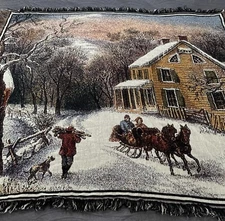 Crown Crafts Winter Sleigh Ride Farm House Throw Blanket Tapestry Cottage Core