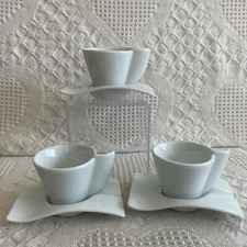 3 TK porcelain White Wave Espresso Coffee Cups & Wave Saucers Abstract UNIQUE