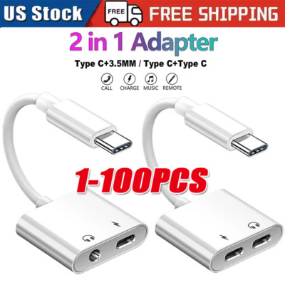 2 in 1 Charger Headphone USB Type C to 3.5mm Aux Audio Cable Cord Adapter lot