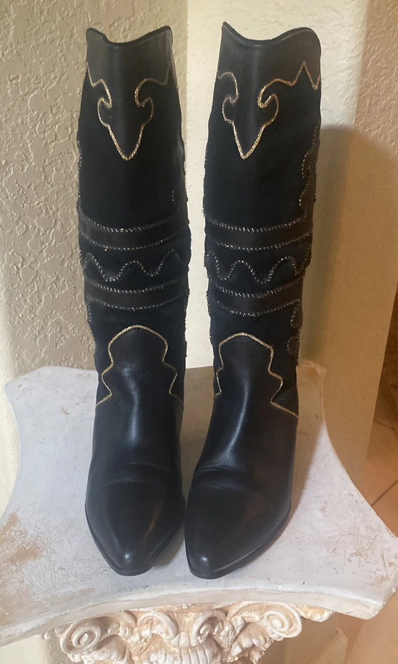 Botas Vaqueras Pazzo Cuero Negro Gamuza con Bordado Dorado Western Mujer 7.5M Foto 3 de 4