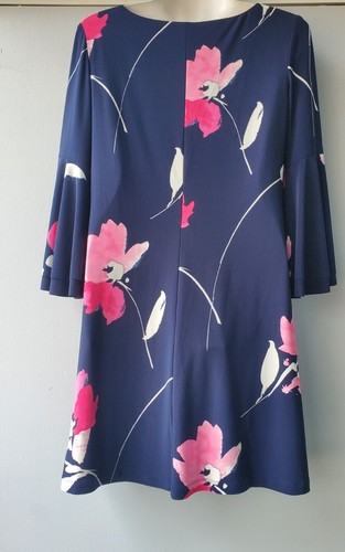Lauren Ralph Shift Dress Size 2 Navy Blue Floral Bell Sleeves Midi Lined. - Picture 12 of 13
