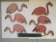 (6) Vtg 1940s Wood Folk Painted Pink Flamingo Bird Lawn / Garden Figures w/ Post