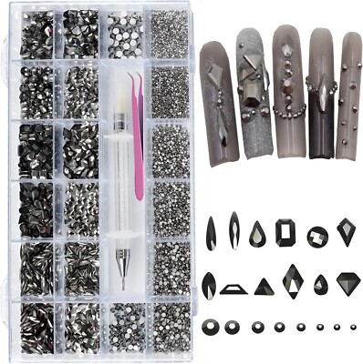 6080pc Black Nail Art Rhinestones with Multi Shapes 3D Flatback Crystals Diamond