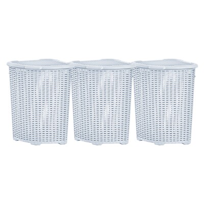 Plastic Wicker Corner Laundry Hamper with Lid-White, 3 Pack (50 Liter)