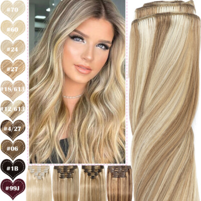 100% Thick Double Weft Clip In Real Remy Human Hair Extensions Full Head 170G US