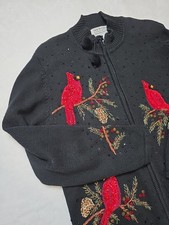 Vintage Christmas Holiday Cardigan Sweater Beaded Sequin Embroidered Womens Sz L