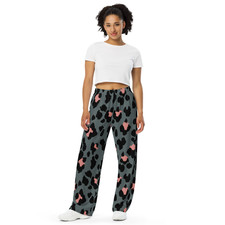 Relaxed Animal Print Pants Wide-Leg Black Pink Gray Jersey Women's Pockets
