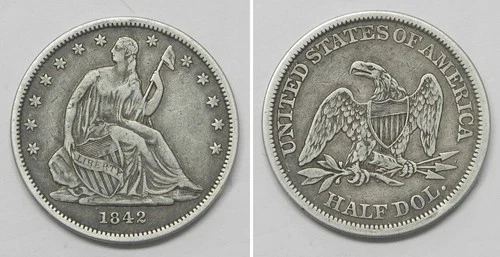 X7282 1842 Small Date Liberty Seated Half Dollar 50c, VF/XF